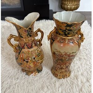 Vintage Royal Satsuma Japanese Vases Pair Moriage Geisha Gold Trim Asian Pottery